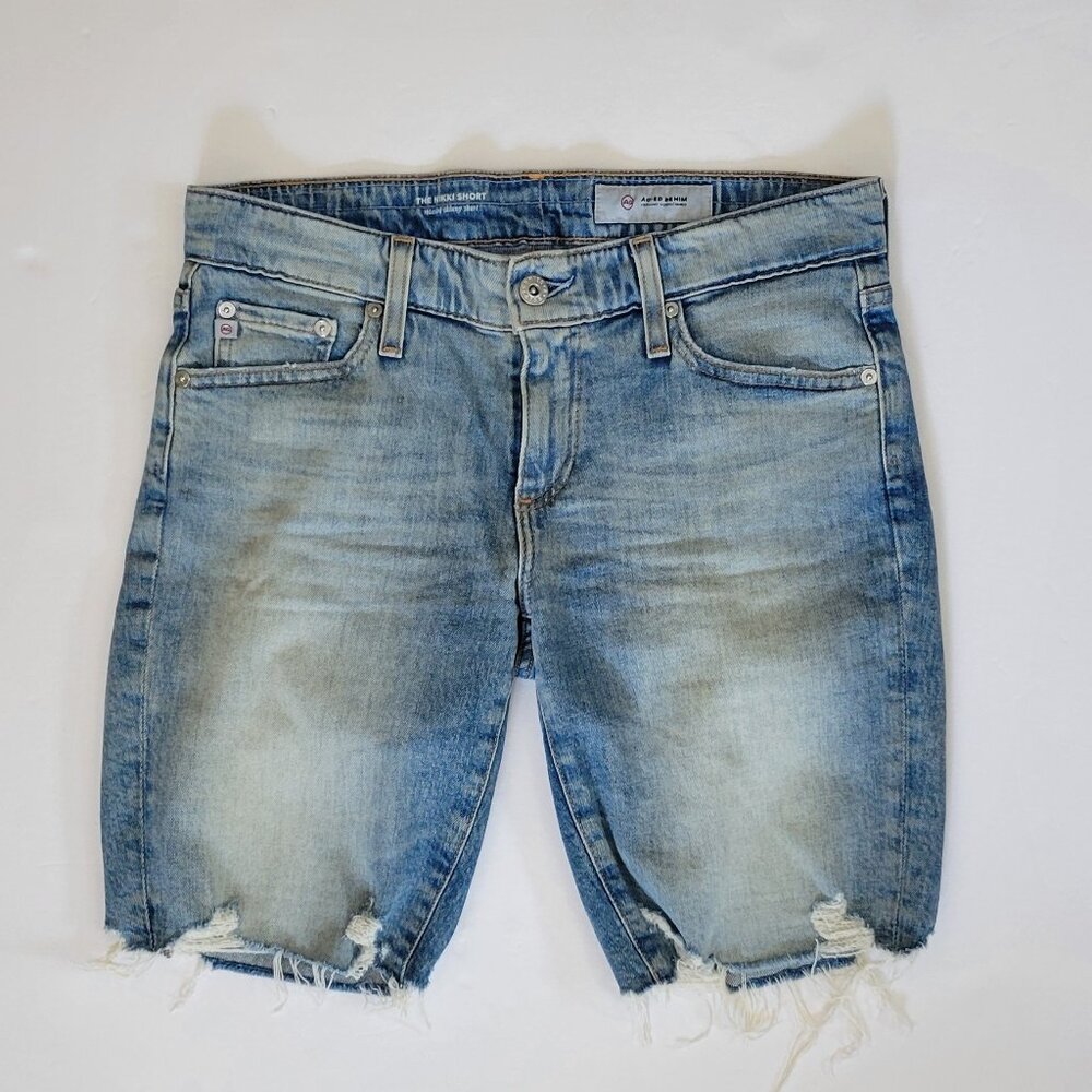 AG Nikki Relaxed Bermuda Cut Off Denim Frayed Hem Shors, Medium Wash